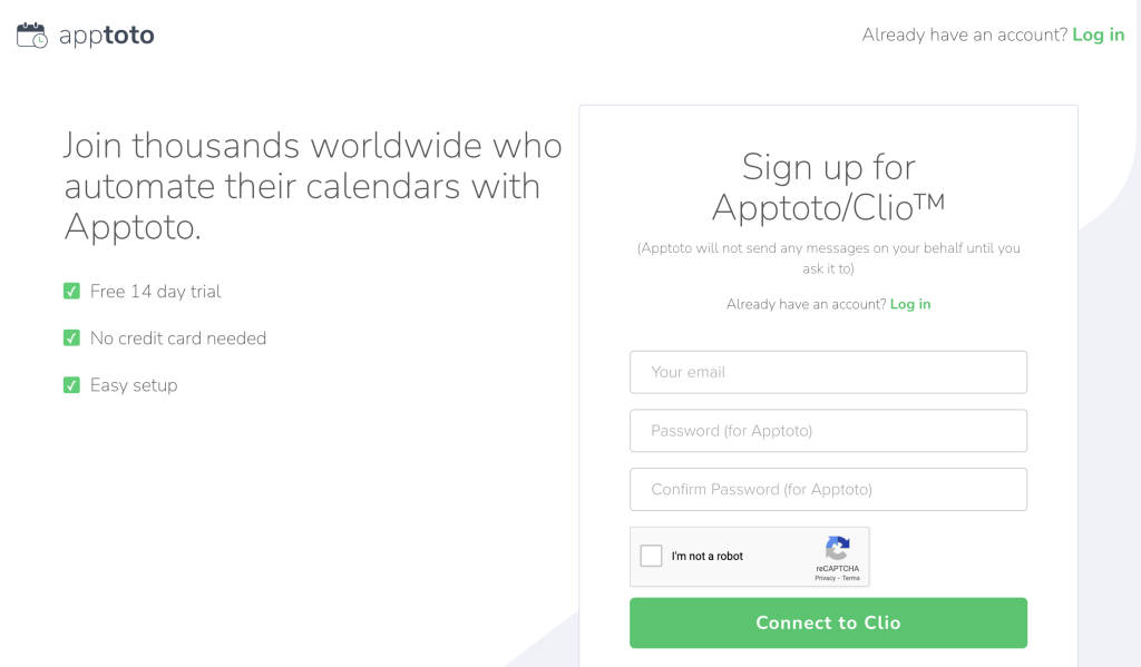 Apptoto signup page displaying "Connect to Clio" easy sync option.